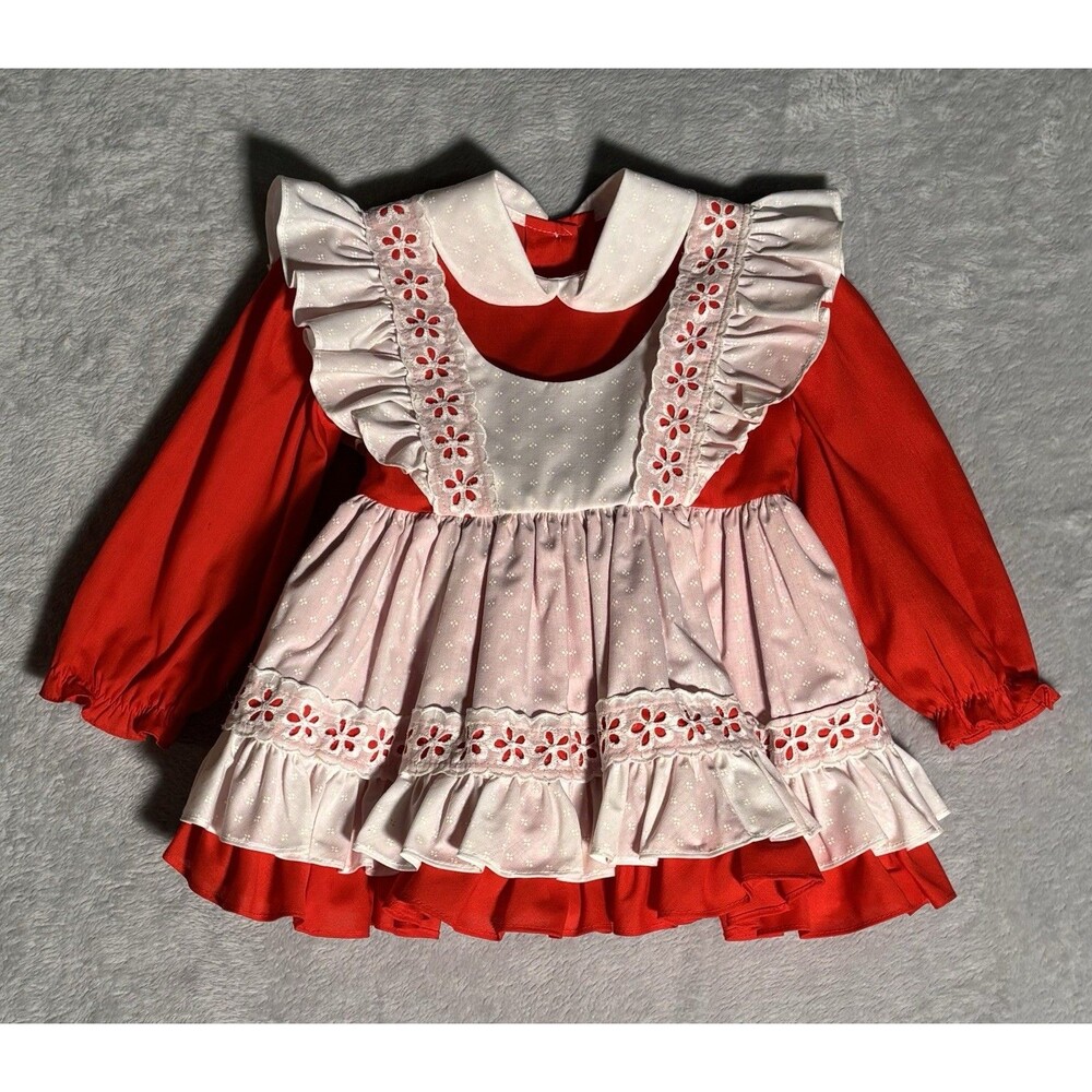 VTG Lilo Circle Dress Red Eyelet Lace Pageant Pinafore Crinoline Twirl Holiday - Picture 2 of 9